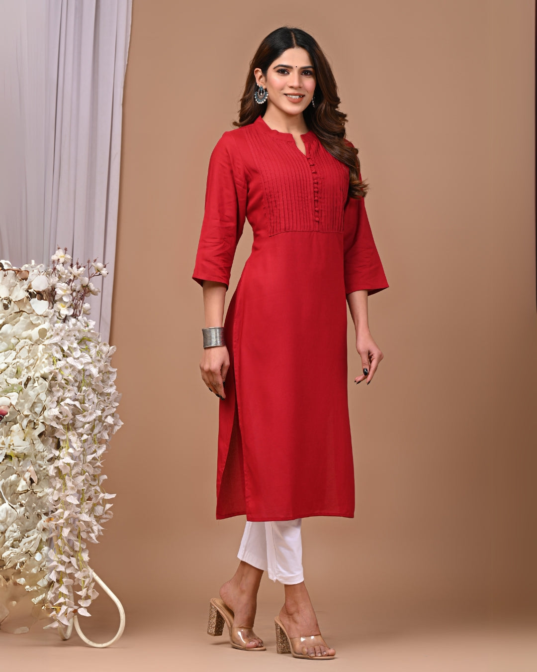 RimeLine Maroon Mandarin neck kurti for women