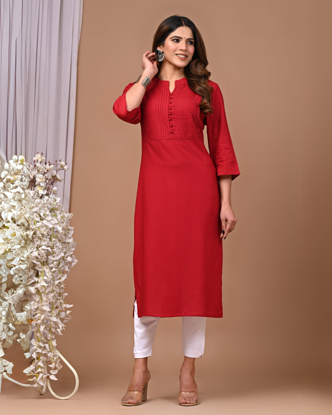 RimeLine Maroon Mandarin neck kurti for women