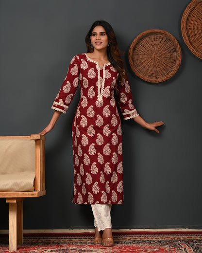 RimeLine Floral Printed Notch-Neck Straight Kurta