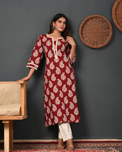 RimeLine Floral Printed Notch-Neck Straight Kurta