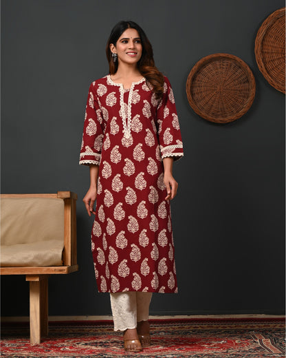 RimeLine Floral Printed Notch-Neck Straight Kurta