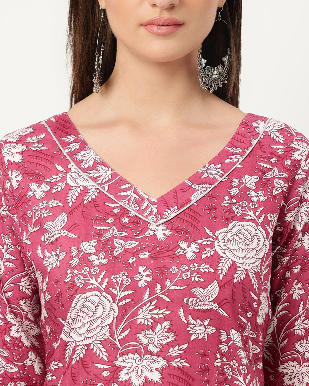 RimeLine Purple Floral V neck kurti for women