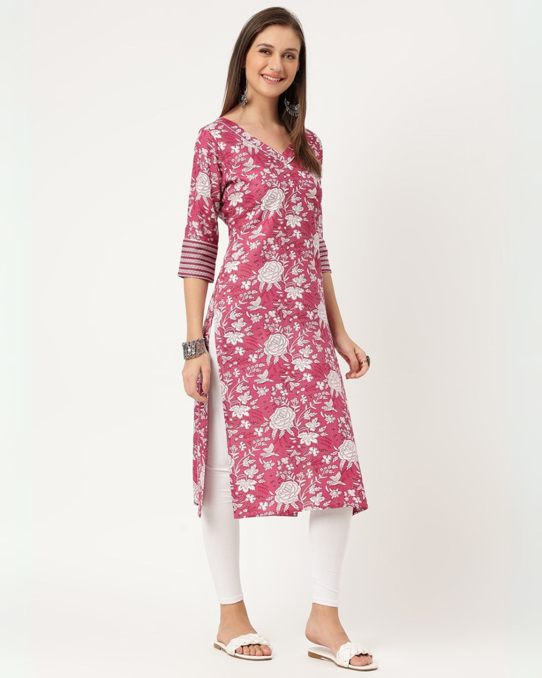 RimeLine Purple Floral V neck kurti for women