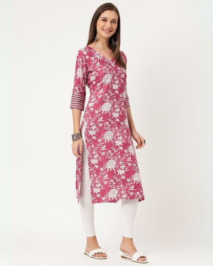 RimeLine Purple Floral V neck kurti for women