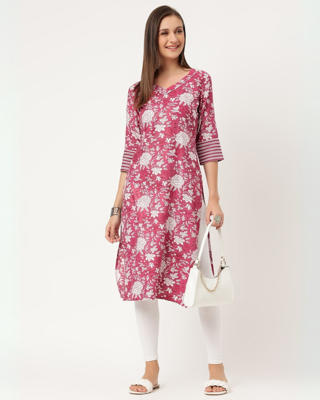 RimeLine Purple Floral V neck kurti for women