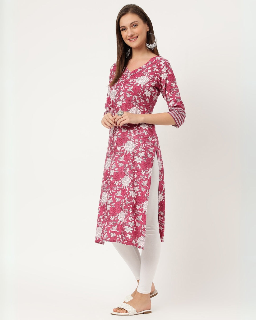 RimeLine Purple Floral V neck kurti for women