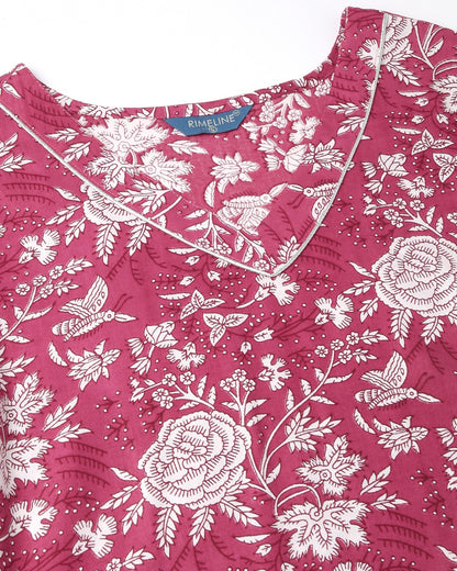 RimeLine Purple Floral V neck kurti for women