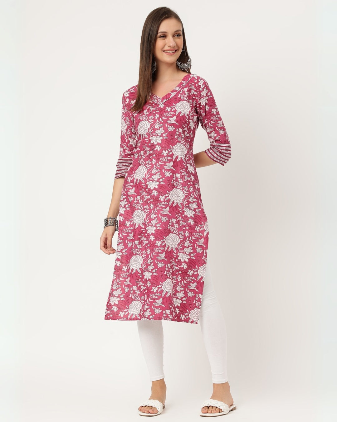 RimeLine Purple Floral V neck kurti for women