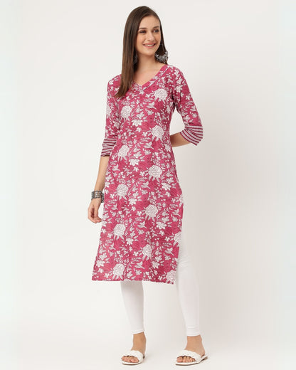 RimeLine Purple Floral V neck kurti for women