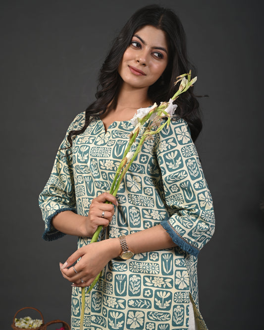 Rimeline Floral Printed Notch Neck Straight Kurta