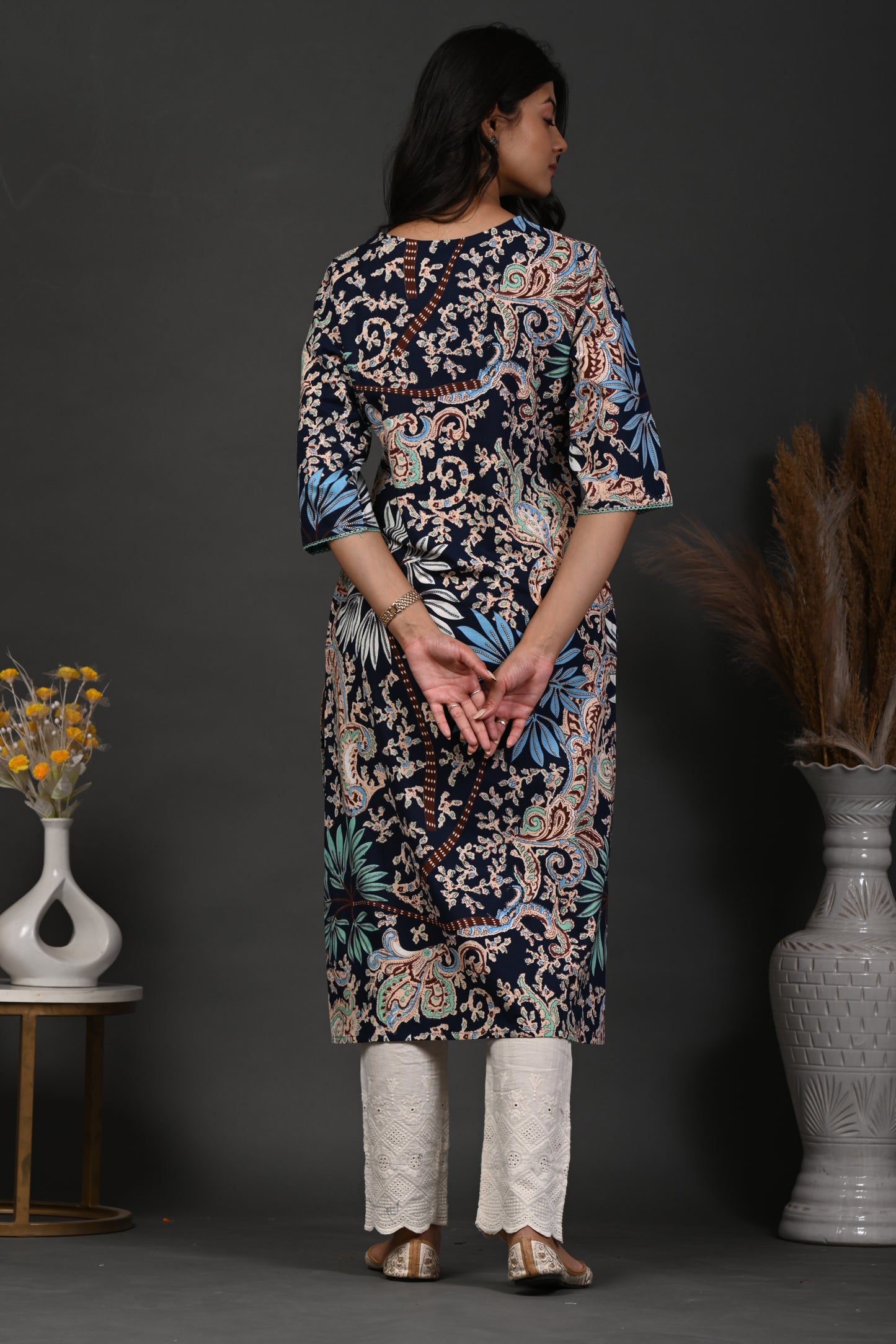 Rimeline Floral Screen Printed Sweetheart Neck Pure Cotton Straight Kurta