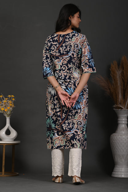 Rimeline Floral Screen Printed Sweetheart Neck Pure Cotton Straight Kurta