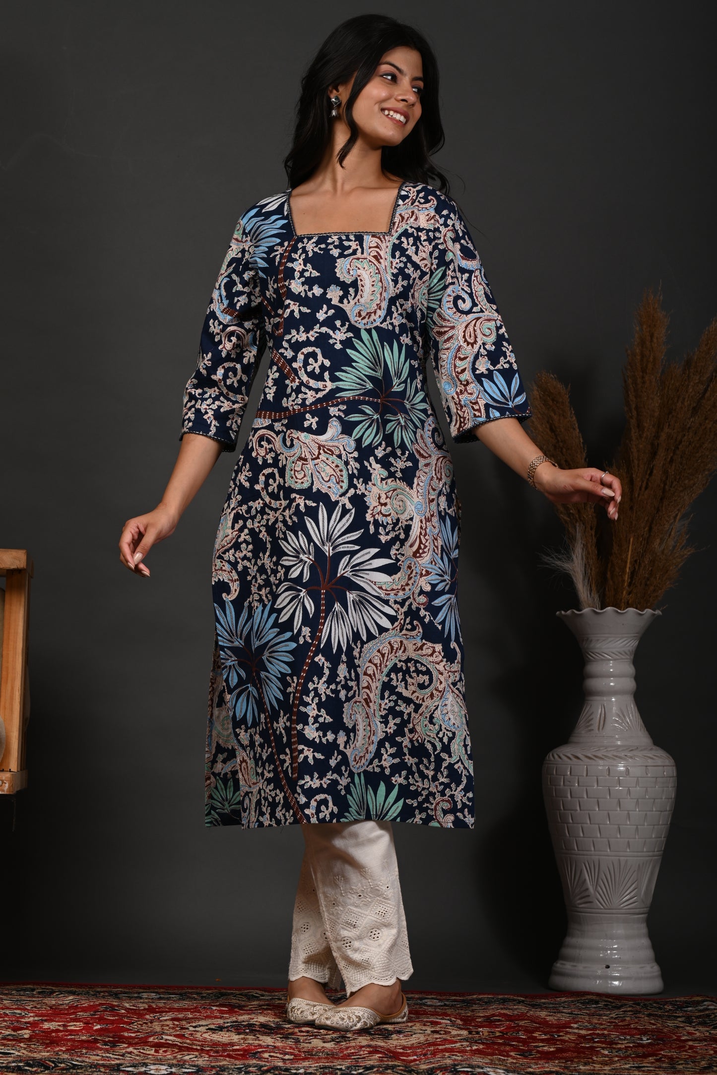 Rimeline Floral Screen Printed Square Neck Pure Cotton Straight Kurta