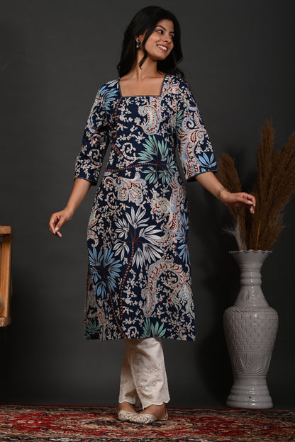Rimeline Floral Screen Printed Square Neck Pure Cotton Straight Kurta