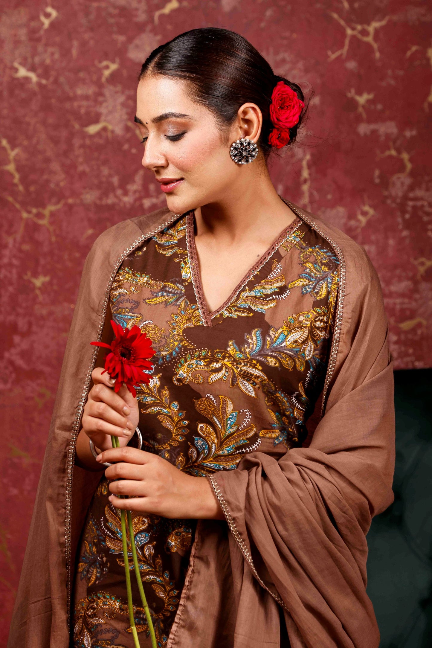 Rimeline Ethnic Motifs Printed V-Neck Pure Cotton Kurta With Trousers & Dupatta