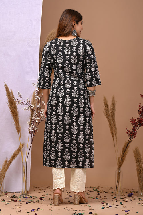Floral Printed V-Neck Pure Cotton Kurti - Rimeline