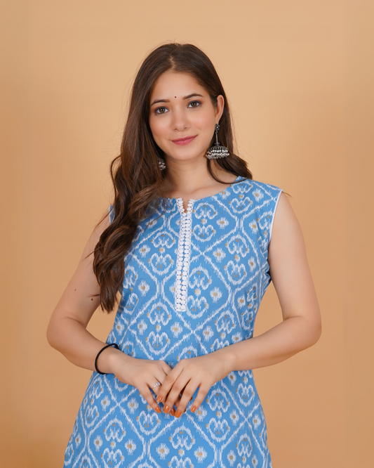 RimeLine Ethnic motifs printed Round neck Sleeveless Blue Straight Kurta for Women