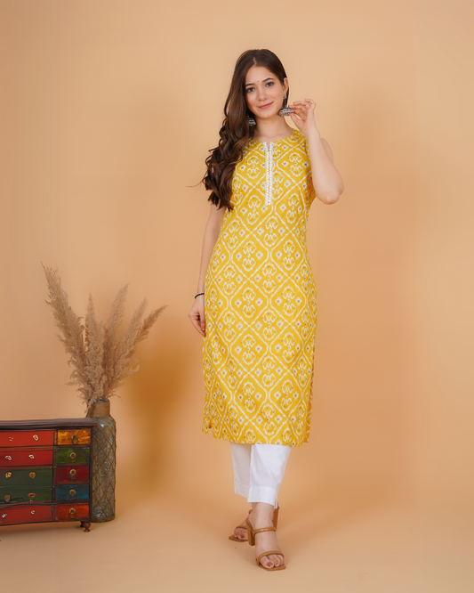 RimeLine Yellow Ethnic motifs printed Round neck Sleeveless Straight Kurta for Women