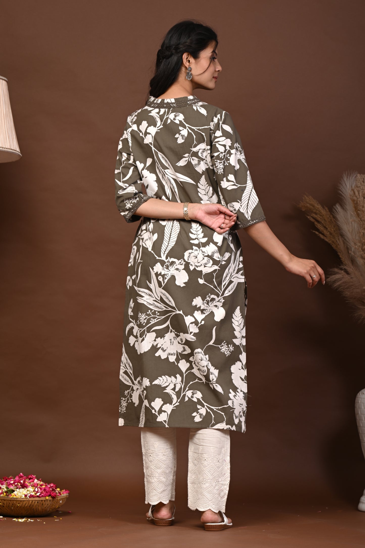 Rimeline Floral Screen Printed V-Neck Pure Cotton Straight Kurta