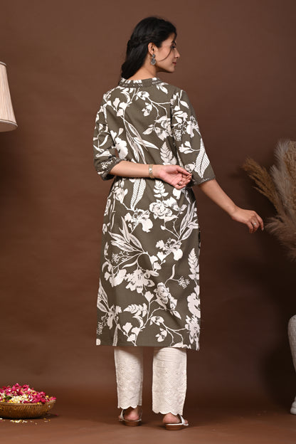 Rimeline Floral Screen Printed V-Neck Pure Cotton Straight Kurta