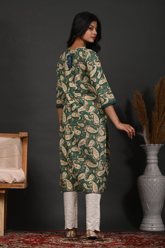 Rimeline Floral Printed V-Neck Cotton Straight Kurta
