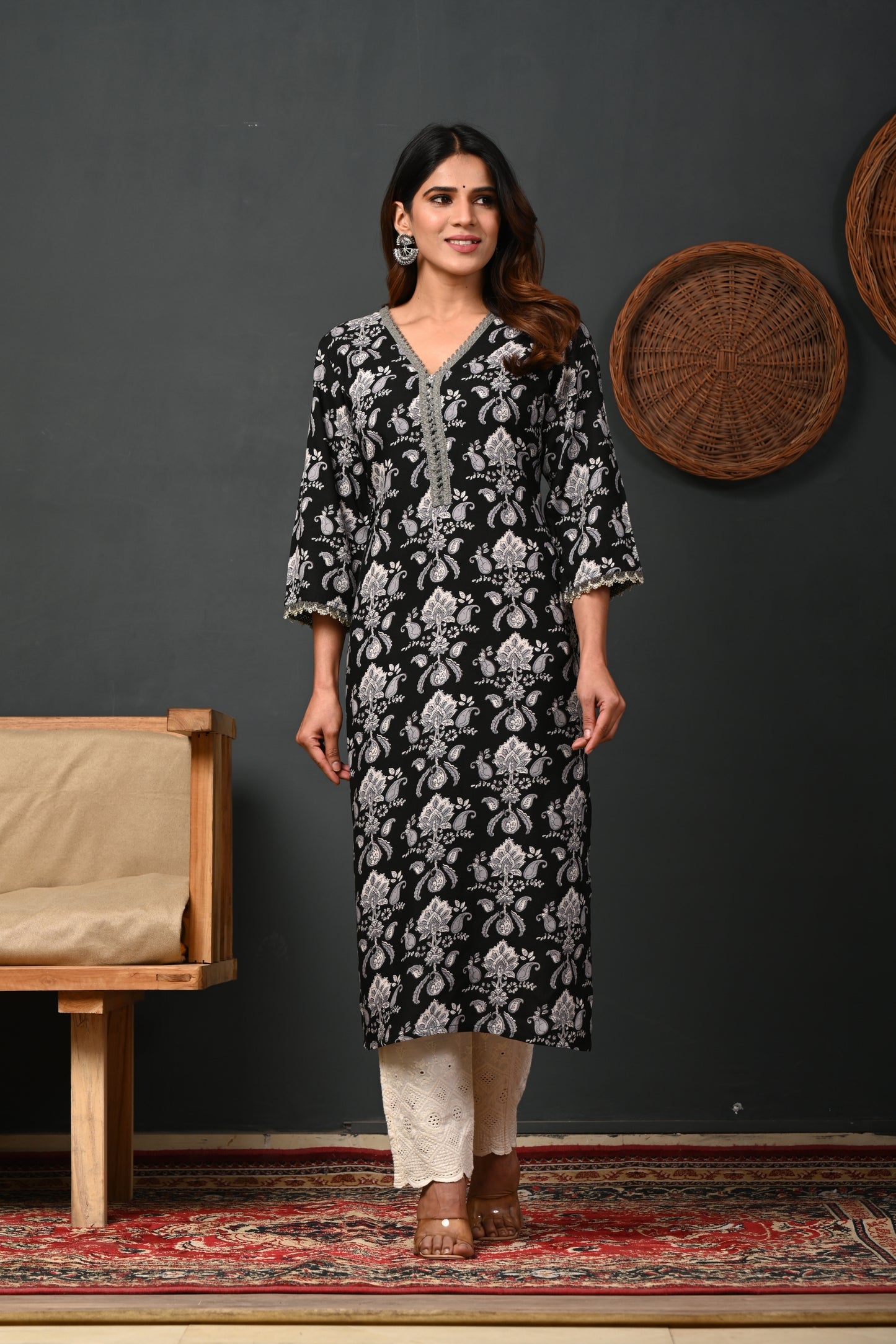 RimeLine Black Printed Rayon V-Neck Kurti for women