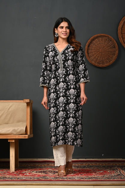 RimeLine Black Printed Rayon V-Neck Kurti for women
