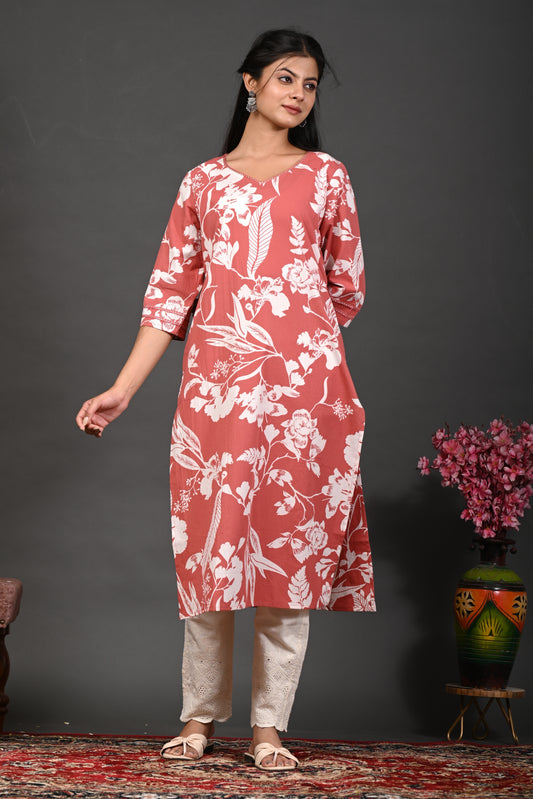 Rimeline Floral Screen Printed Sweetheart Neck Pure Cotton Straight Kurta