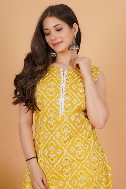 RimeLine Yellow Ethnic motifs printed Round neck Sleeveless Straight Kurta for Women