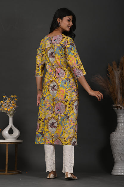 Rimeline Floral Screen Printed Sweetheart Neck Pure Cotton Straight Kurta