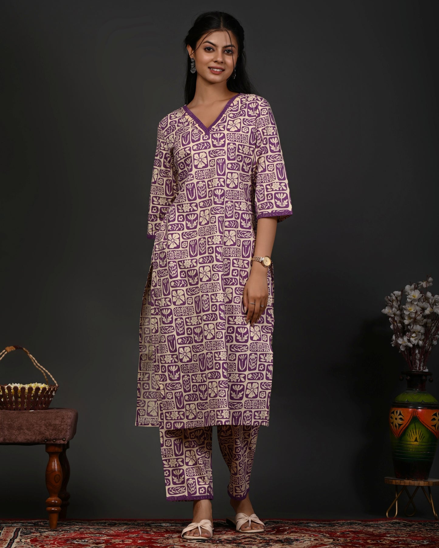 Rimeline Women Floral Printed Regular Pure Cotton Kurta with Trousers