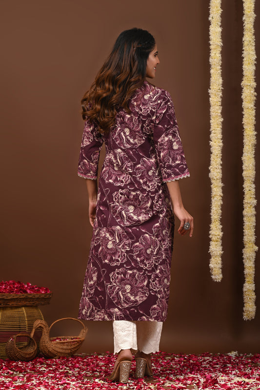 Rimeline Floral Printed V-Neck Straight Kurta