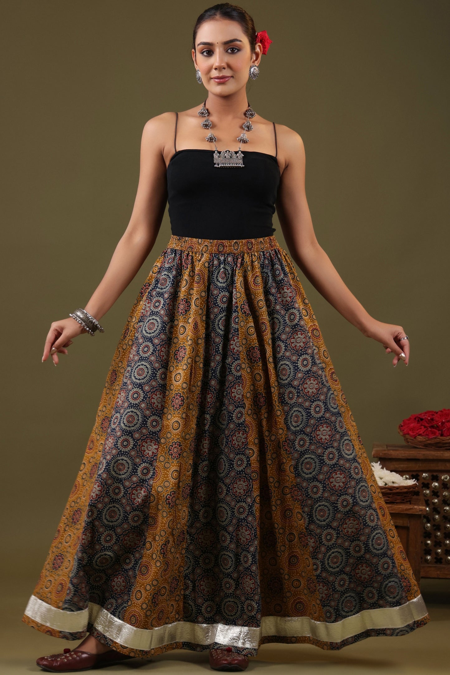 Rimeline Women Printed Pure Cotton Flared Maxi Skirt