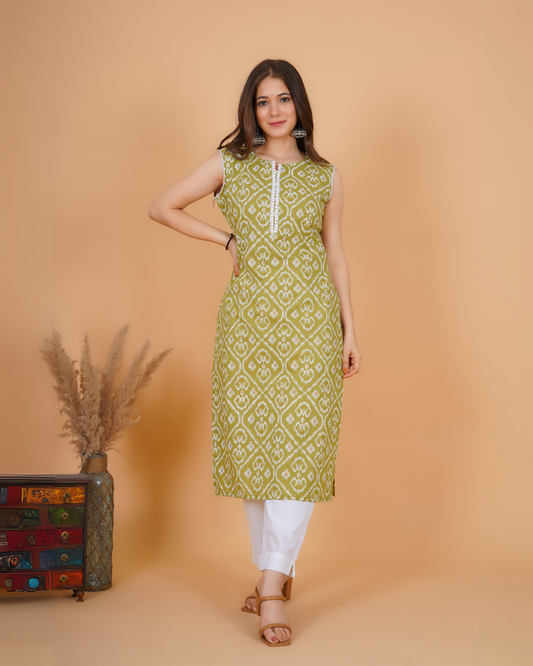 RimeLine Ethnic motifs printed Round neck  Green Straight Kurta for Women