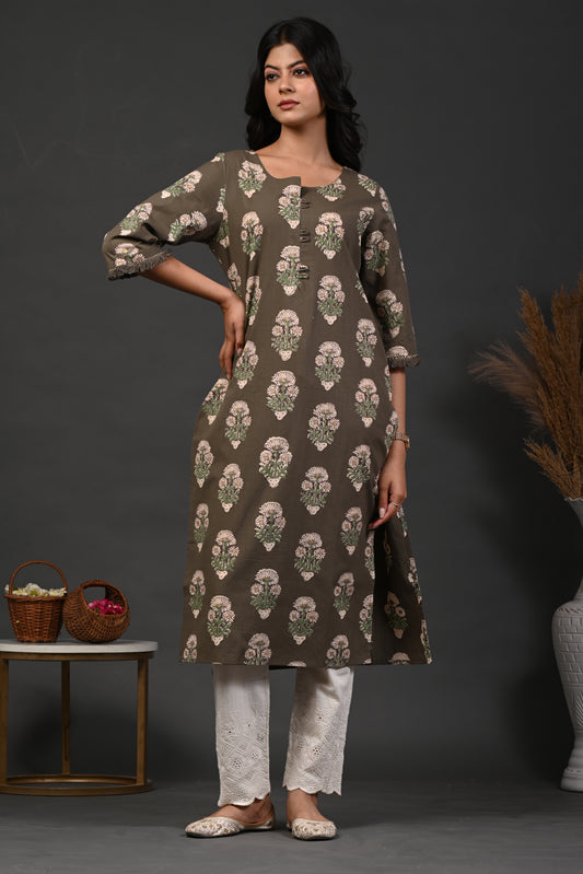 Rimeline Ethnic Motifs Printed Straight Pure Cotton Kurta