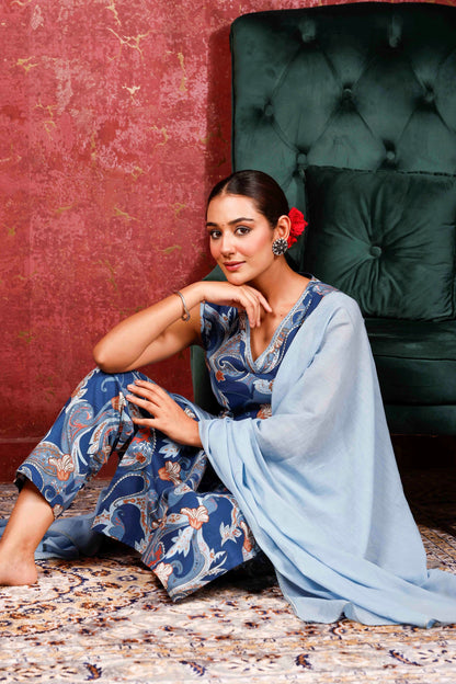 Rimeline Women Floral Printed Cotton Kurta with Trousers & Dupatta