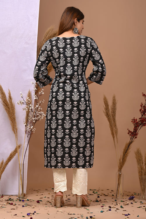 Floral Printed Notch Neck Pure Cotton Straight Kurta - Rimeline