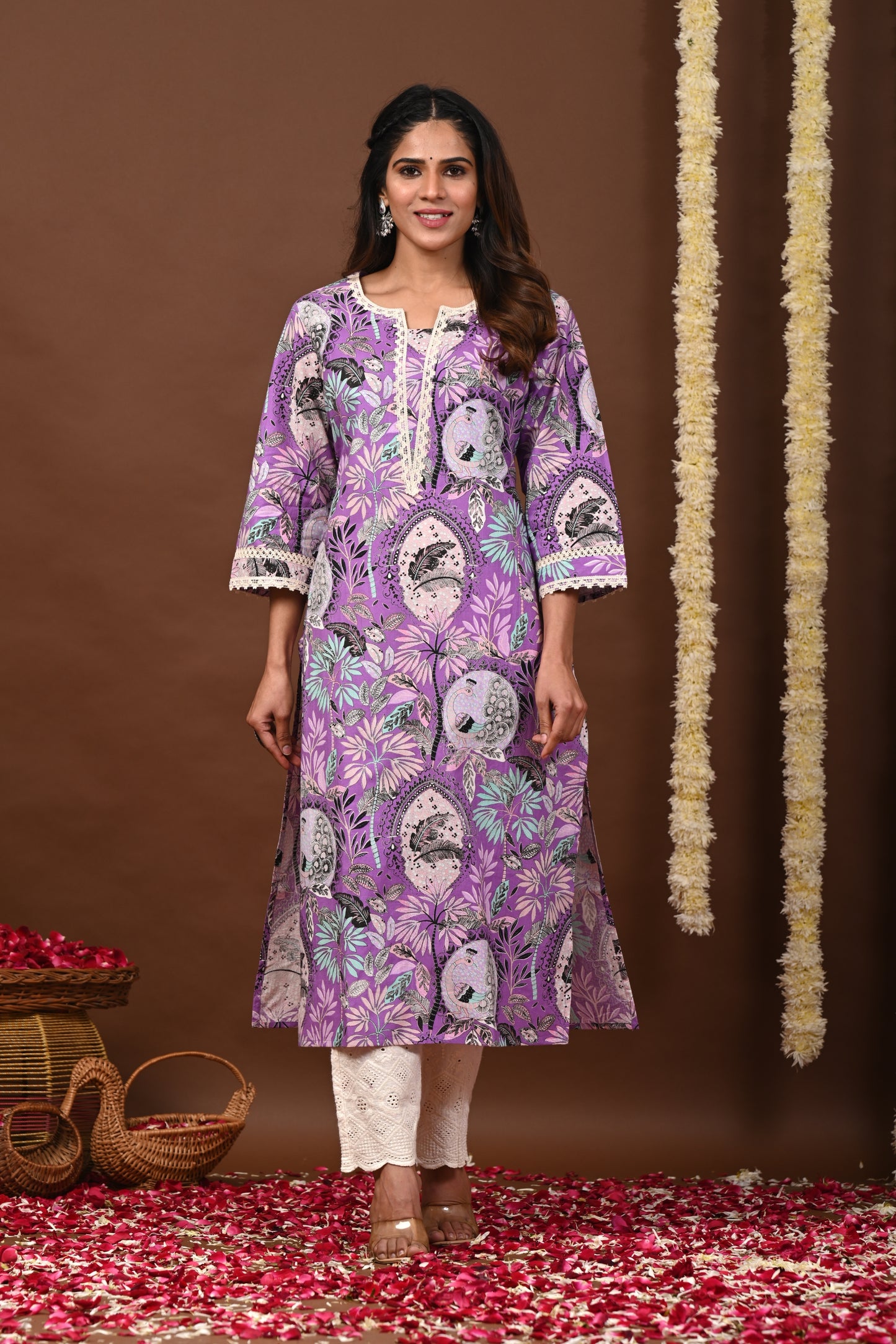 RimeLine Floral Printed Notch-Neck Straight Kurta