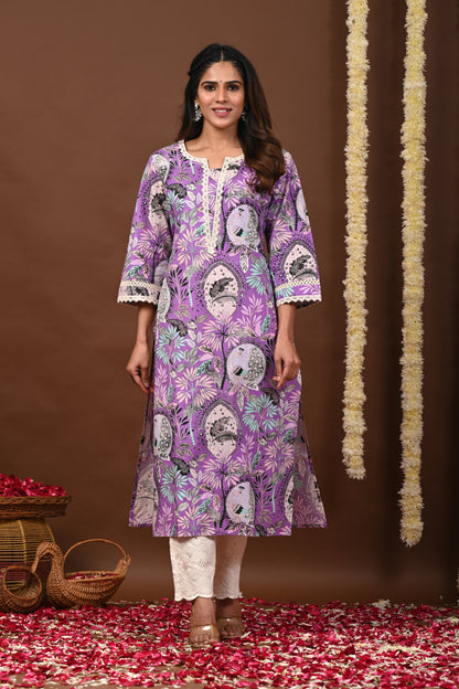 RimeLine Floral Printed Notch-Neck Straight Kurta