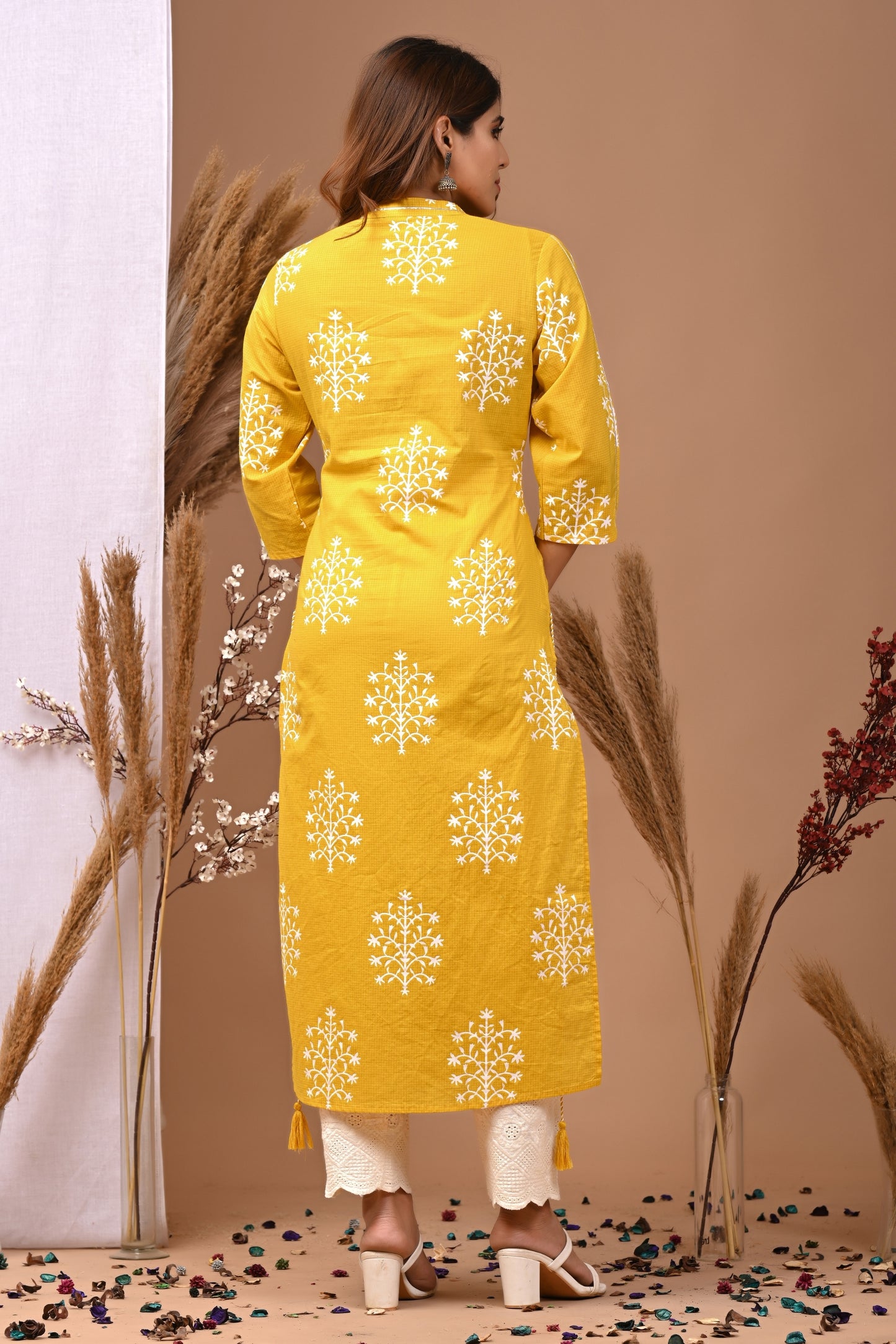 RimeLine Mesh Yellow Mandain Neck Kurti For Women