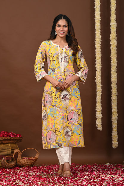 RimeLine Floral Printed Notch-Neck Straight Kurta