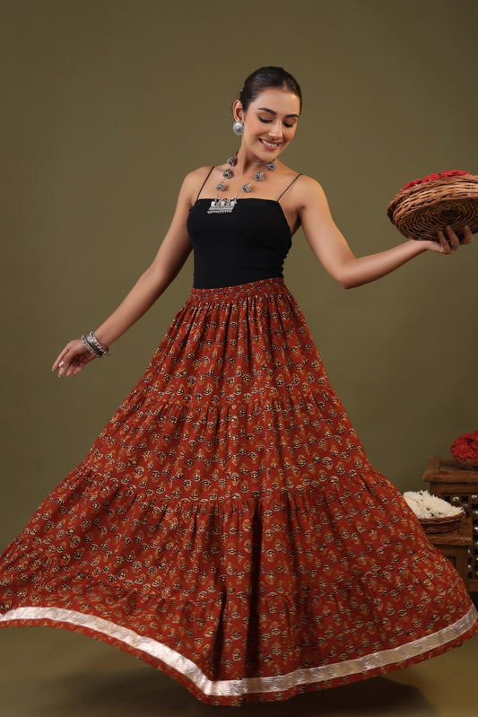 Rimeline Printed Pure Cotton Flared Tiered Maxi Skirt