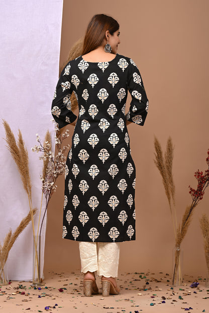 RimeLine Black Ethnic Motifs Printed V-Neck Cotton Kurti