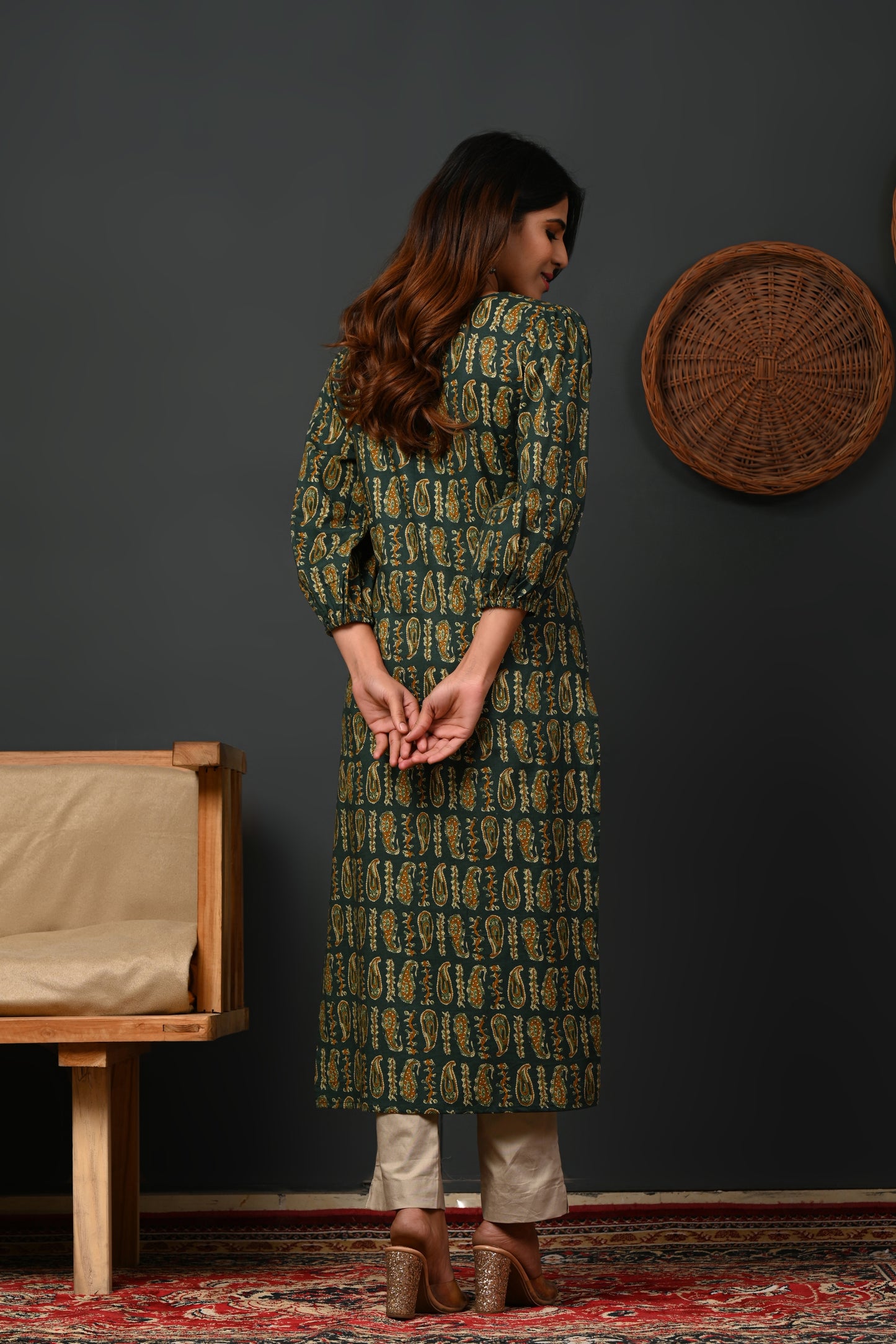 Rimeline Women Paisley Printed Puff Sleeves Pure Cotton Kurta