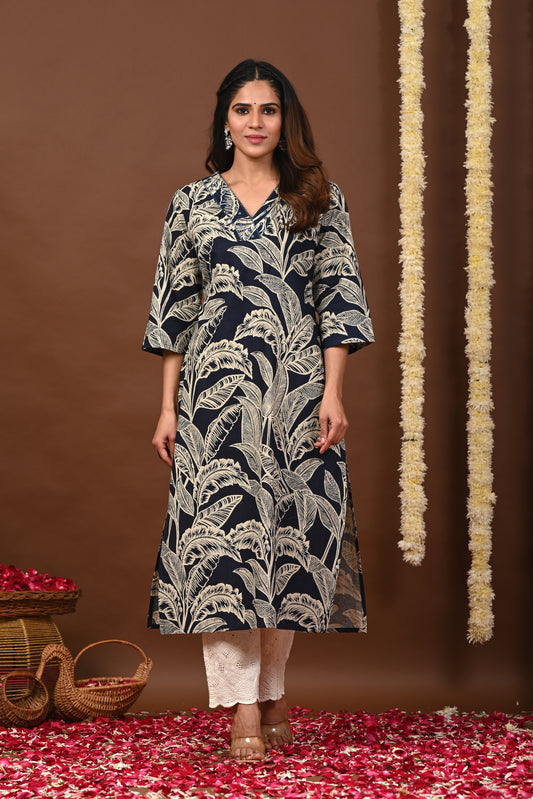 RimeLine Floral Printed Navy Blue V-Neck Straight Kurta