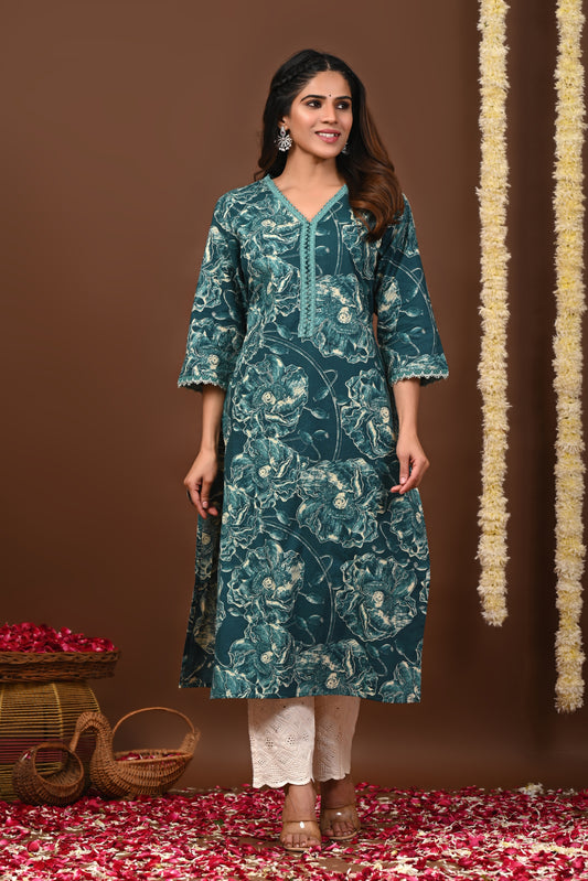 RimeLine Floral Printed Rama V-Neck Straight Kurta