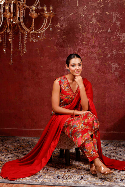 Rimeline Ethnic Motifs Printed V-Neck Pure Cotton Kurta With Trousers & Dupatta