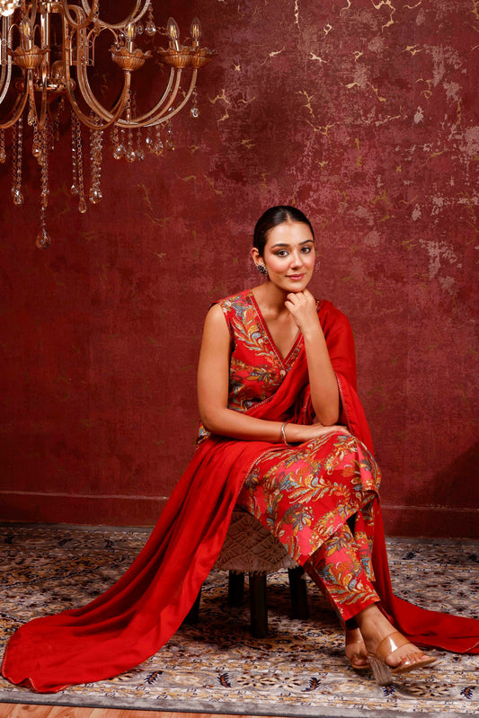 Rimeline Ethnic Motifs Printed V-Neck Pure Cotton Kurta With Trousers & Dupatta