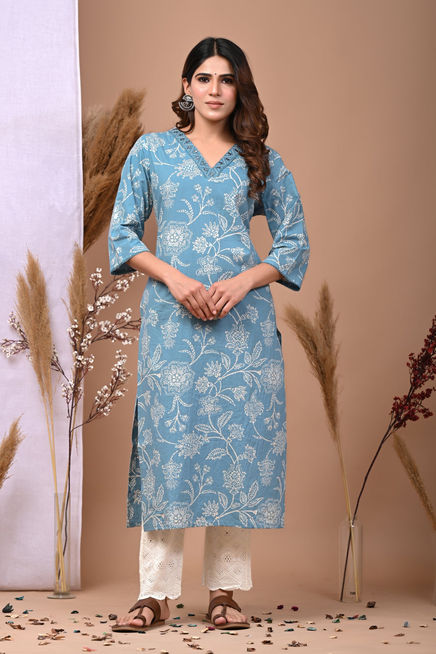 RimeLine Aqua Embroidered Printed V-Neck Kurti for women
