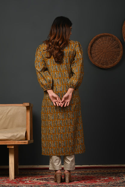 Rimeline Ethnic Motifs Printed Round Neck Puff Sleeves Pure Cotton Kurta